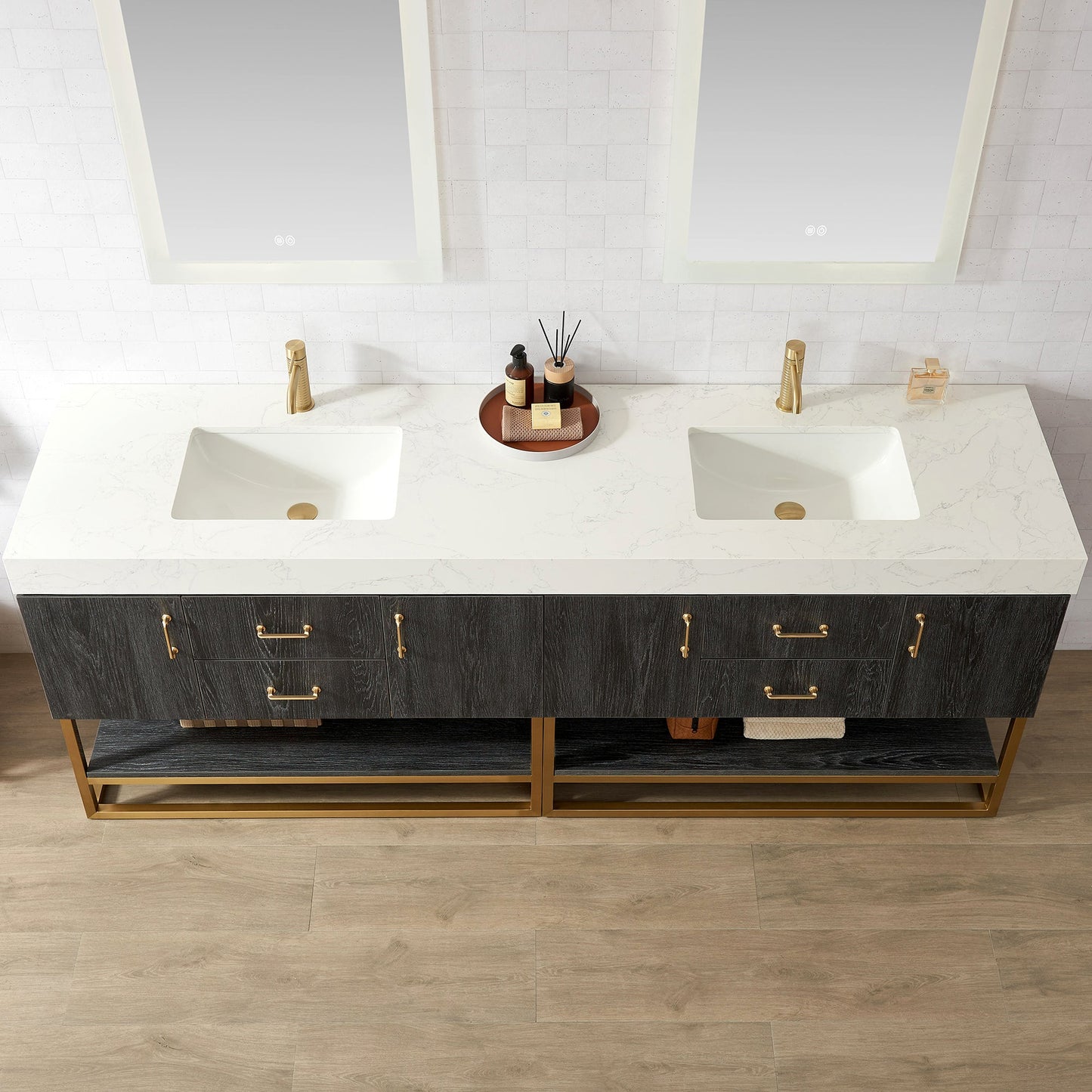 Alistair 84" Double Vanity in North American Black Oak with White Grain Stone Top