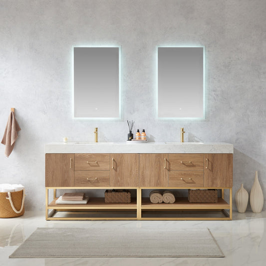 Alistair 84" Double Vanity in North American Oak with White Grain Stone Countertop