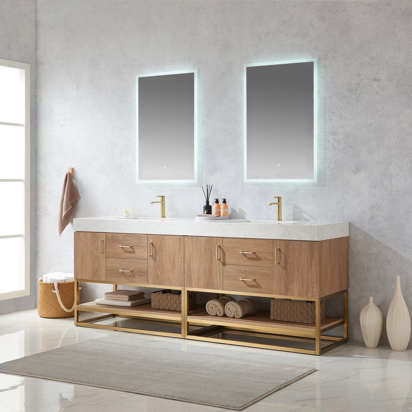 Alistair 84" Double Vanity in North American Oak with White Grain Stone Countertop