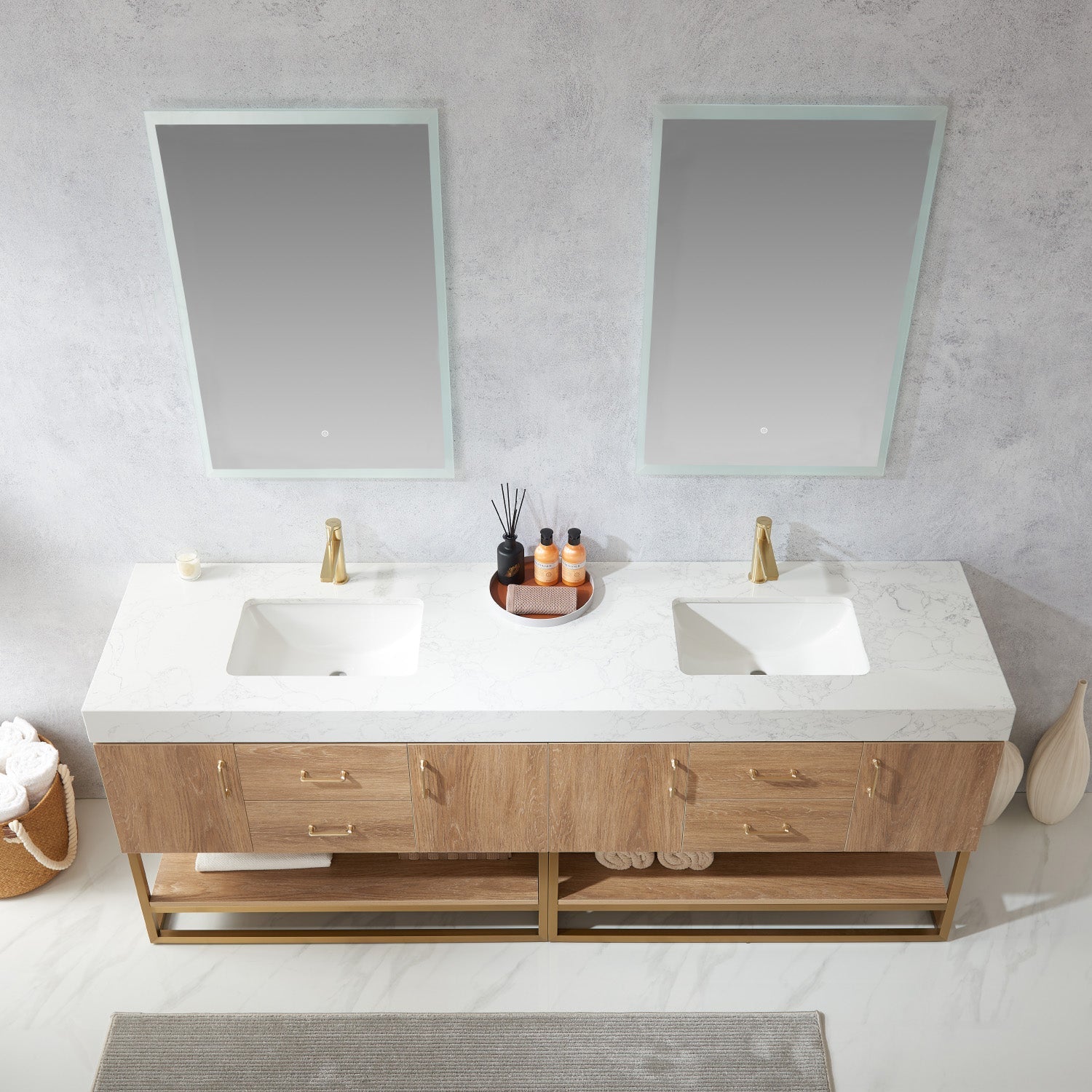 Alistair 84" Double Vanity in North American Oak with White Grain Stone Countertop