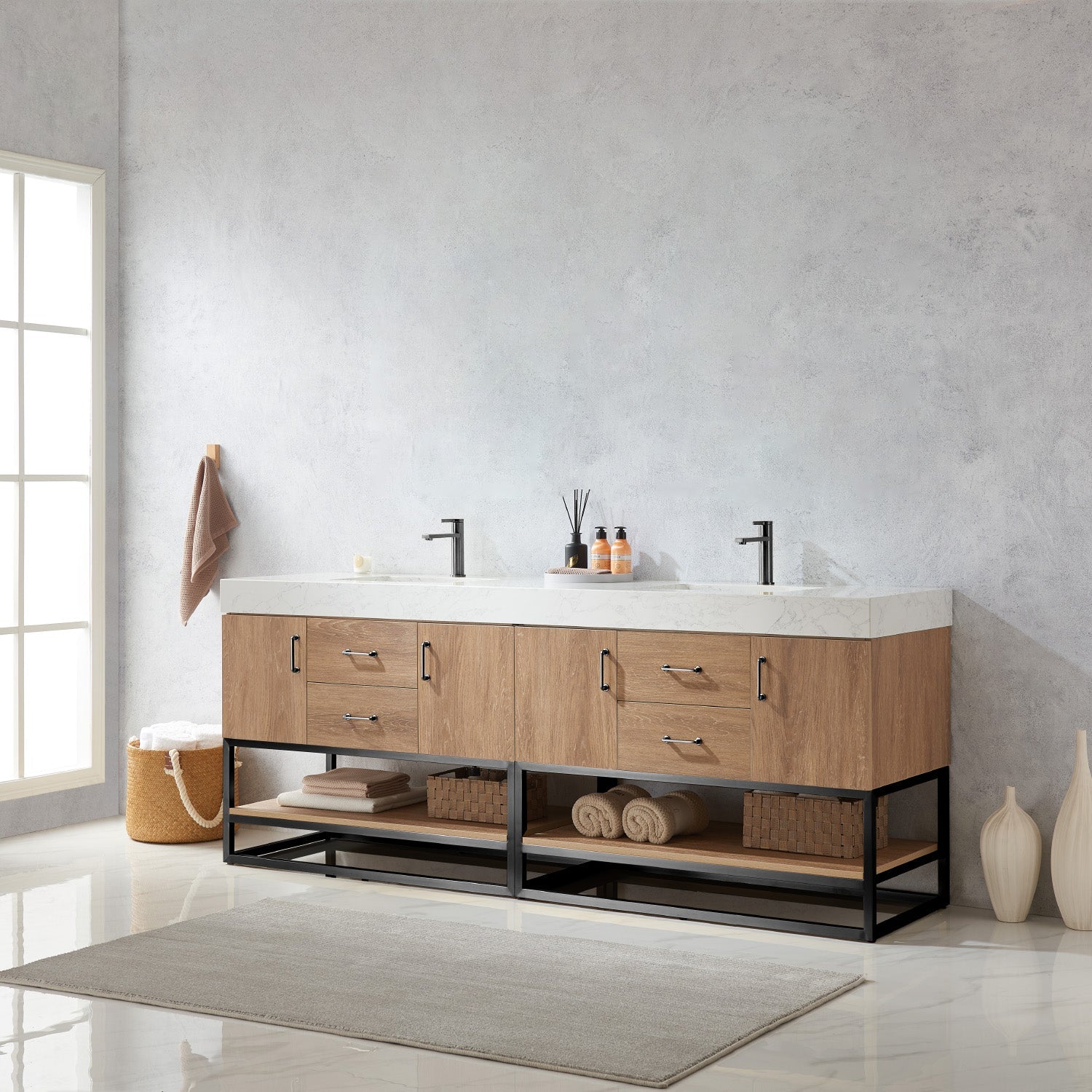 Alistair 84B" Double Vanity in North American Oak with White Grain Stone Countertop