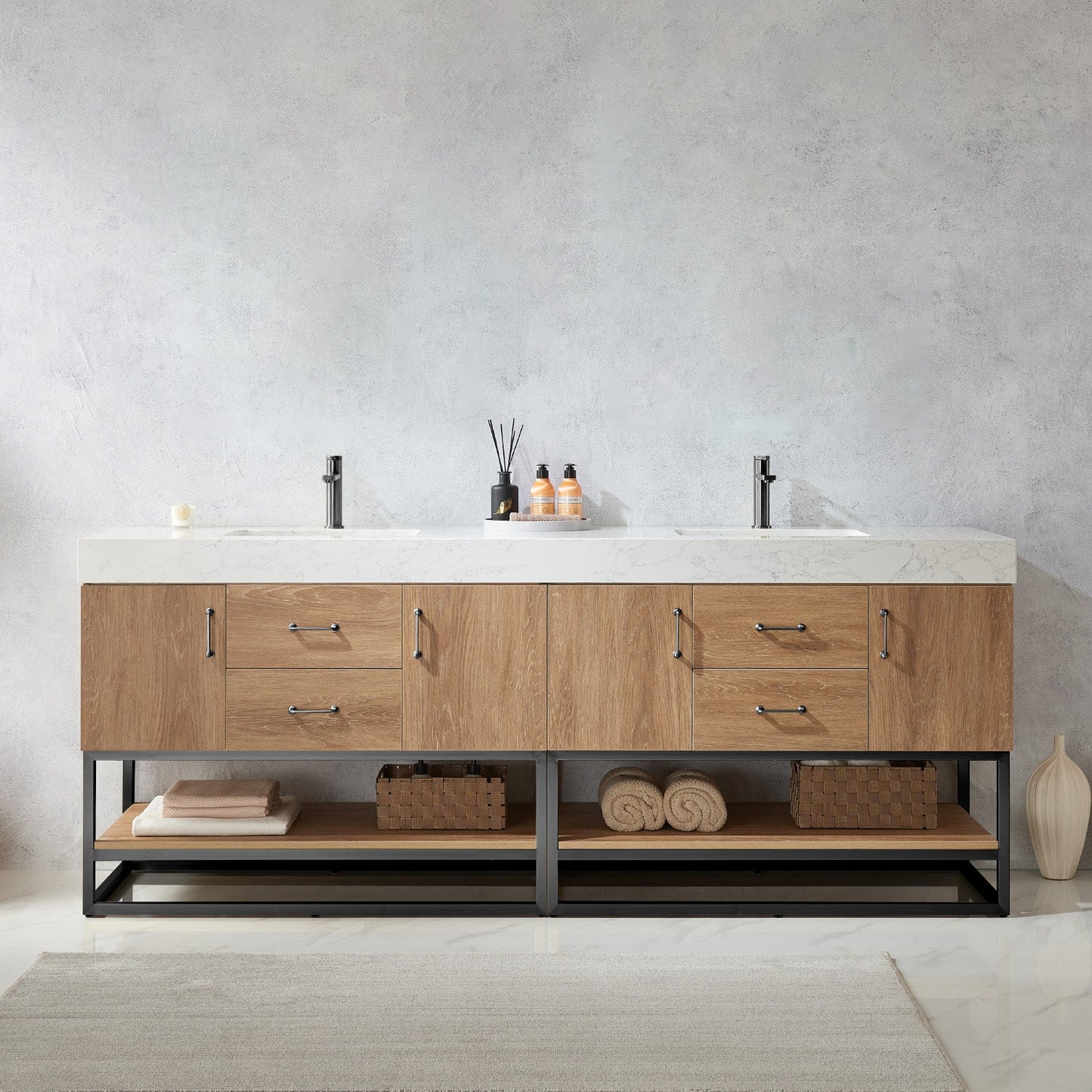 Alistair 84B" Double Vanity in North American Oak with White Grain Stone Countertop