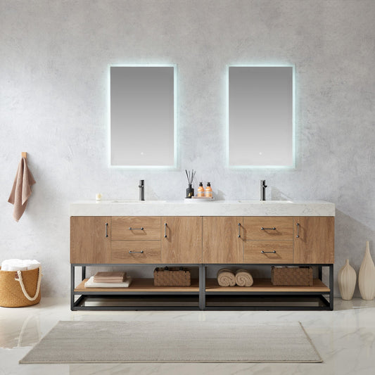 Alistair 84B" Double Vanity in North American Oak with White Grain Stone Countertop