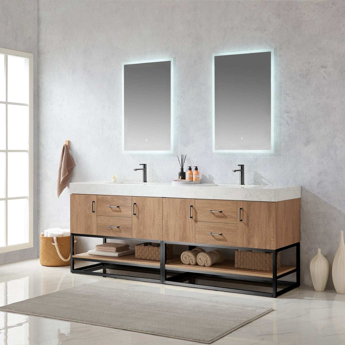 Alistair 84B" Double Vanity in North American Oak with White Grain Stone Countertop