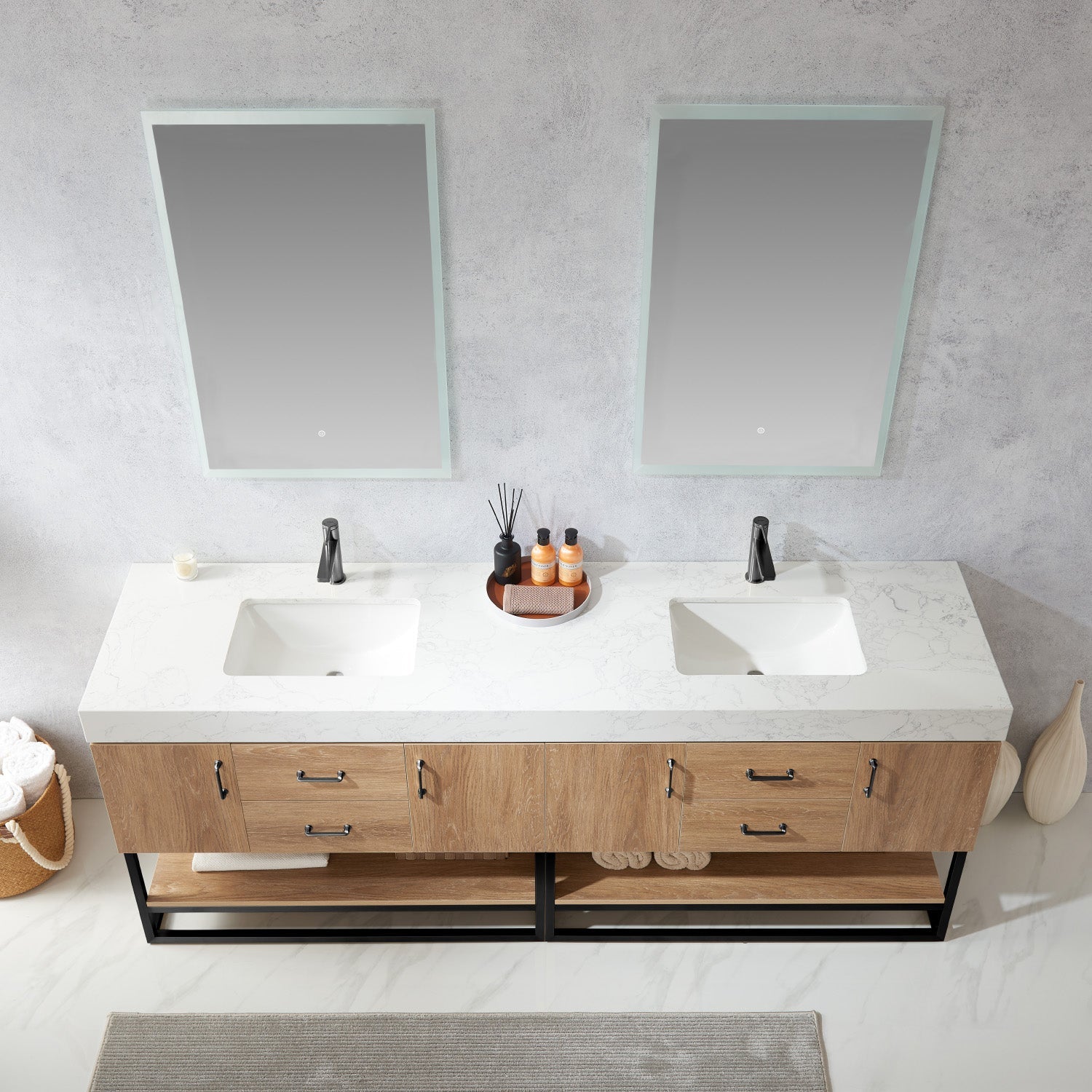 Alistair 84B" Double Vanity in North American Oak with White Grain Stone Countertop