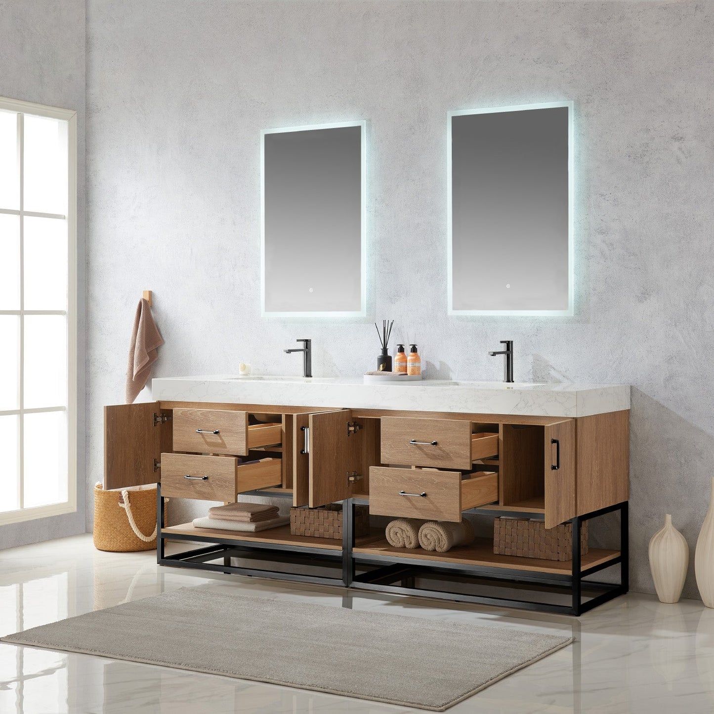 Alistair 84B" Double Vanity in North American Oak with White Grain Stone Countertop