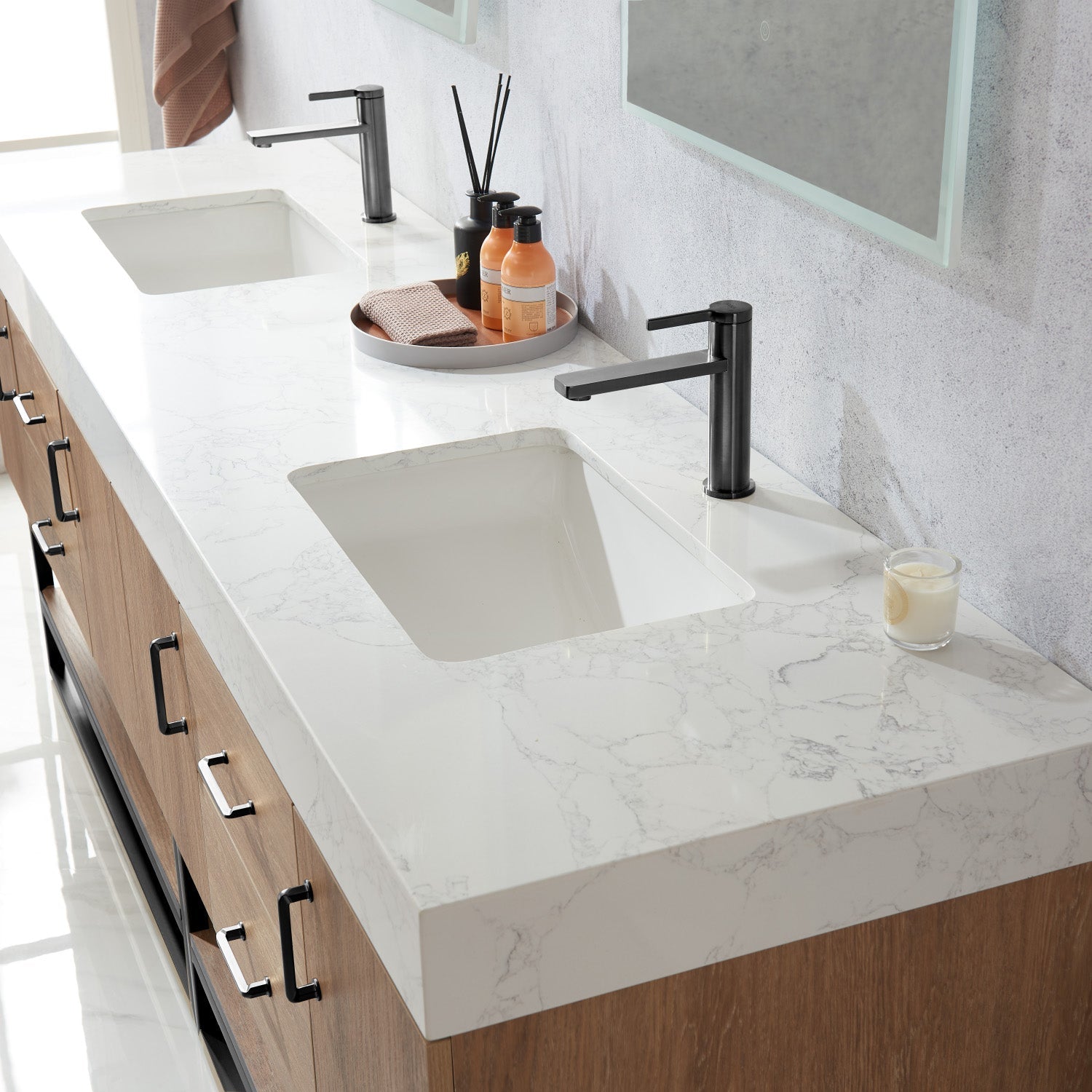 Alistair 84B" Double Vanity in North American Oak with White Grain Stone Countertop