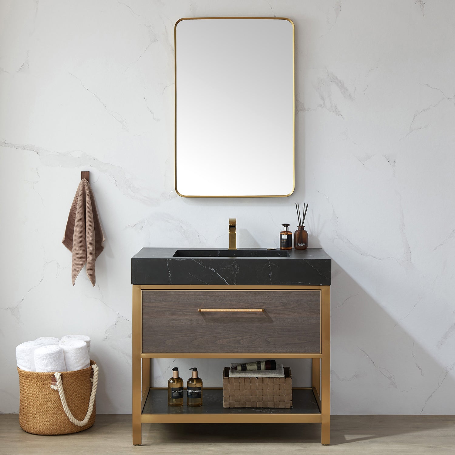 Mutriku 24 in. W x 36 in. H Rectangle Metal Wall Mirror in Brushed Gold