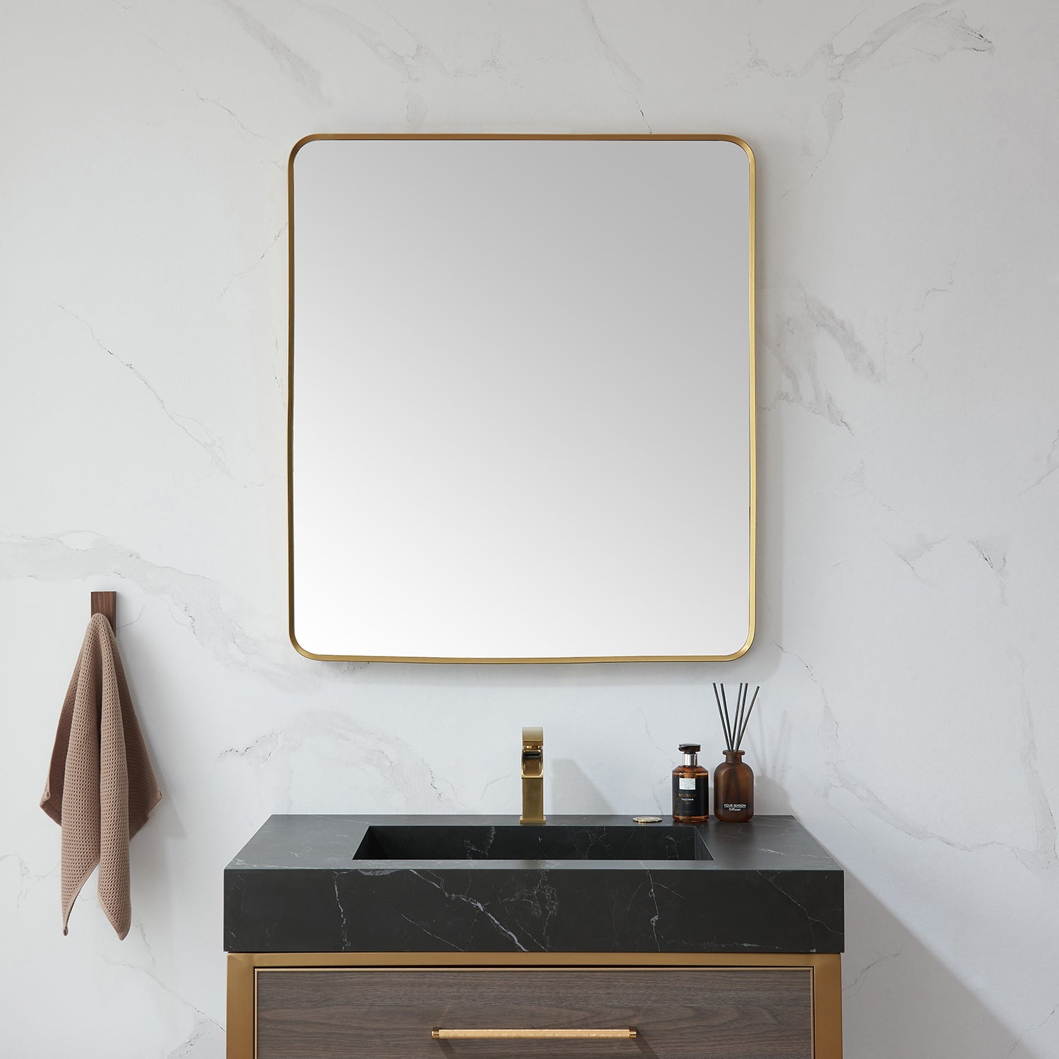 Mutriku 32 in. W x 36 in. H Rectangle Metal Wall Mirror in Brushed Gold