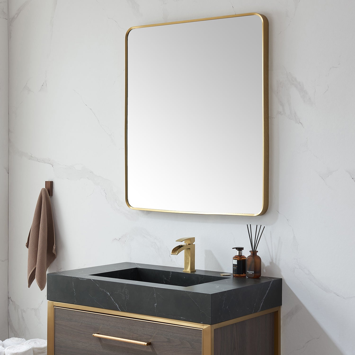 Mutriku 32 in. W x 36 in. H Rectangle Metal Wall Mirror in Brushed Gold