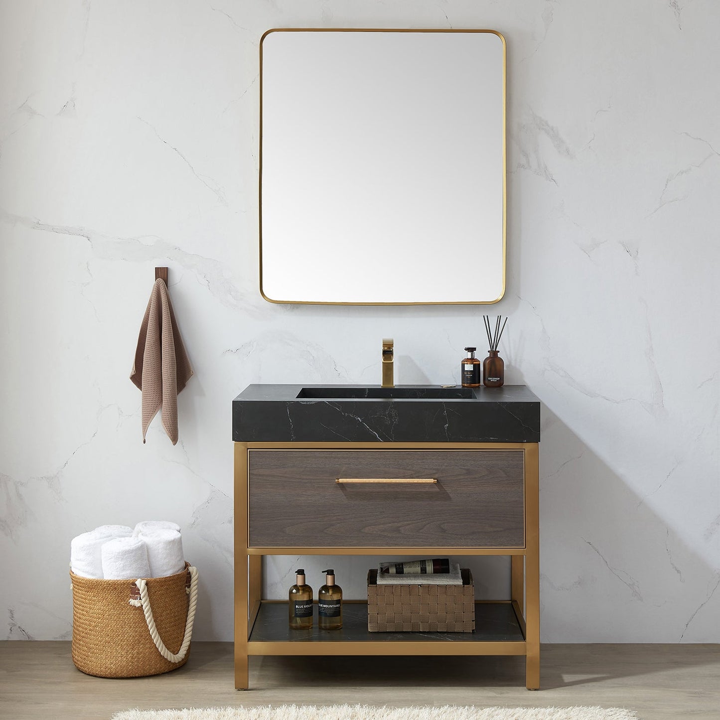 Mutriku 32 in. W x 36 in. H Rectangle Metal Wall Mirror in Brushed Gold