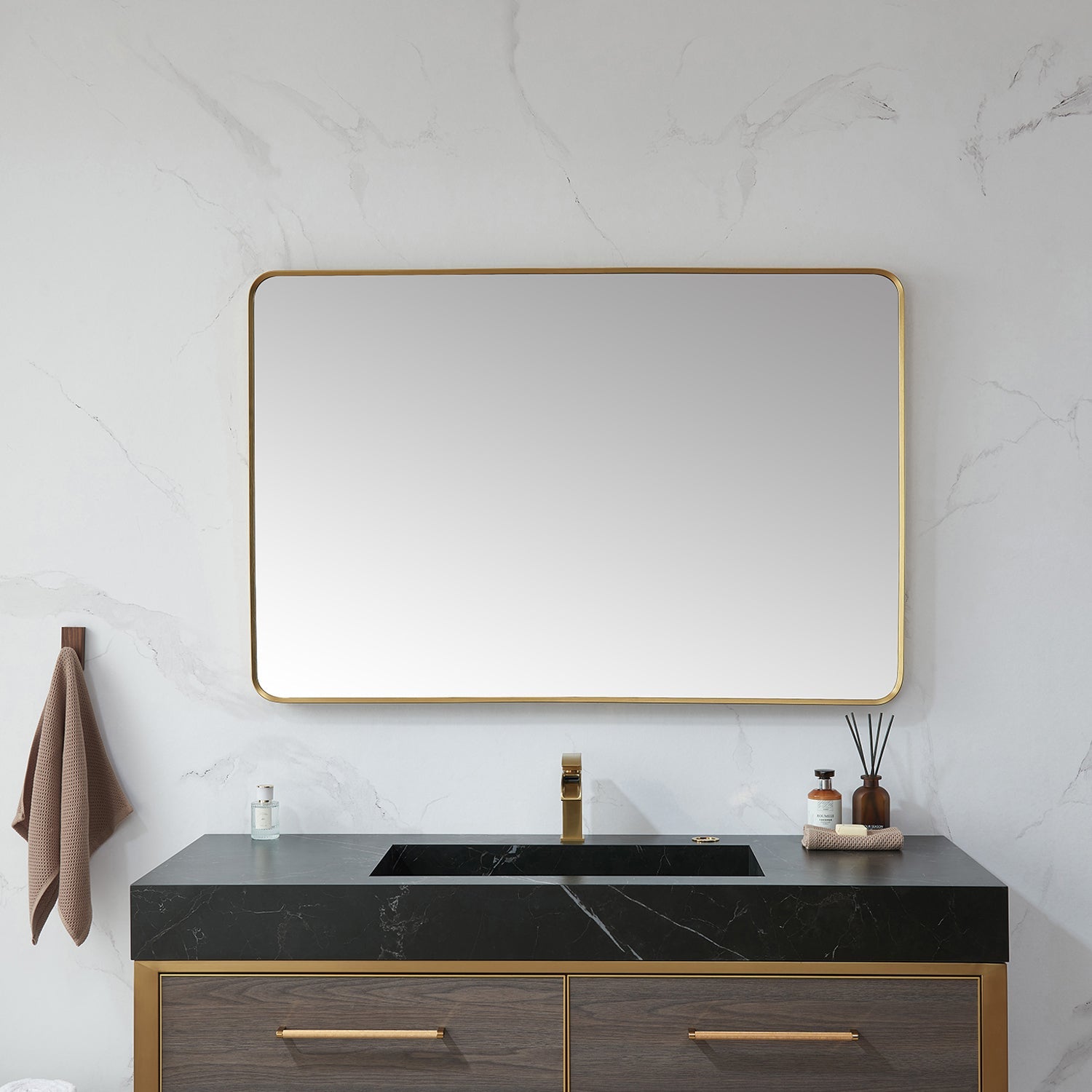 Mutriku 48 in. W x 32 in. H Rectangle Metal Wall Mirror in Brushed Gold