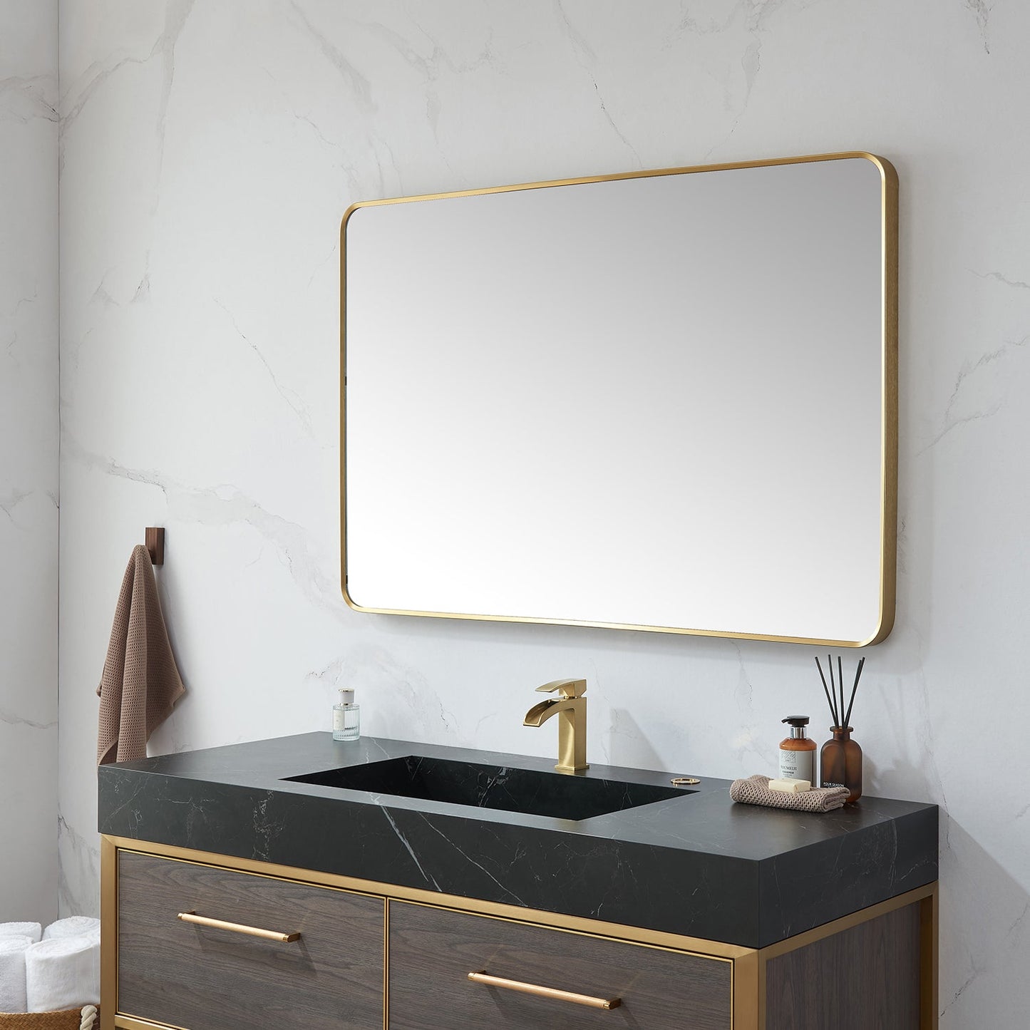 Mutriku 48 in. W x 32 in. H Rectangle Metal Wall Mirror in Brushed Gold