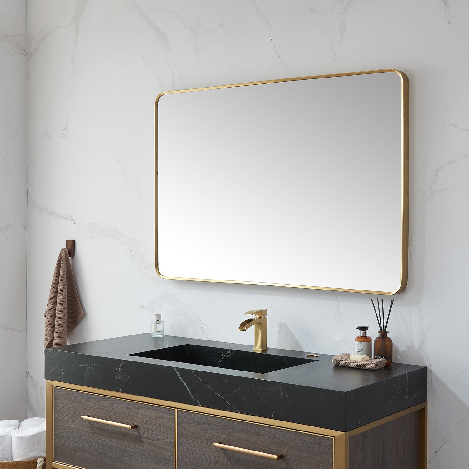 Mutriku 48 in. W x 32 in. H Rectangle Metal Wall Mirror in Brushed Gold