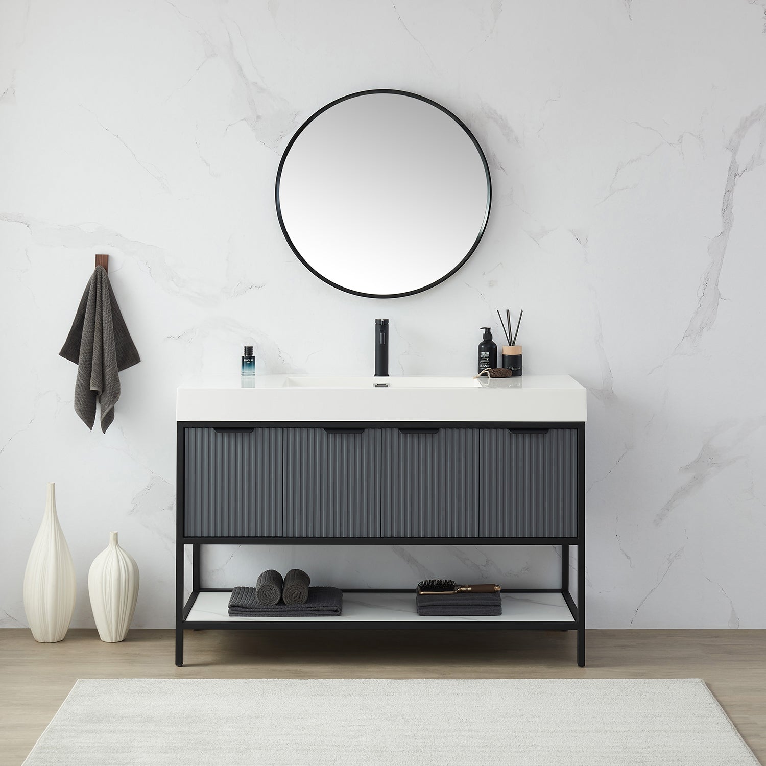 Cascante 28 in. W x 28 in. H Round Metal Wall Mirror in Brushed Black