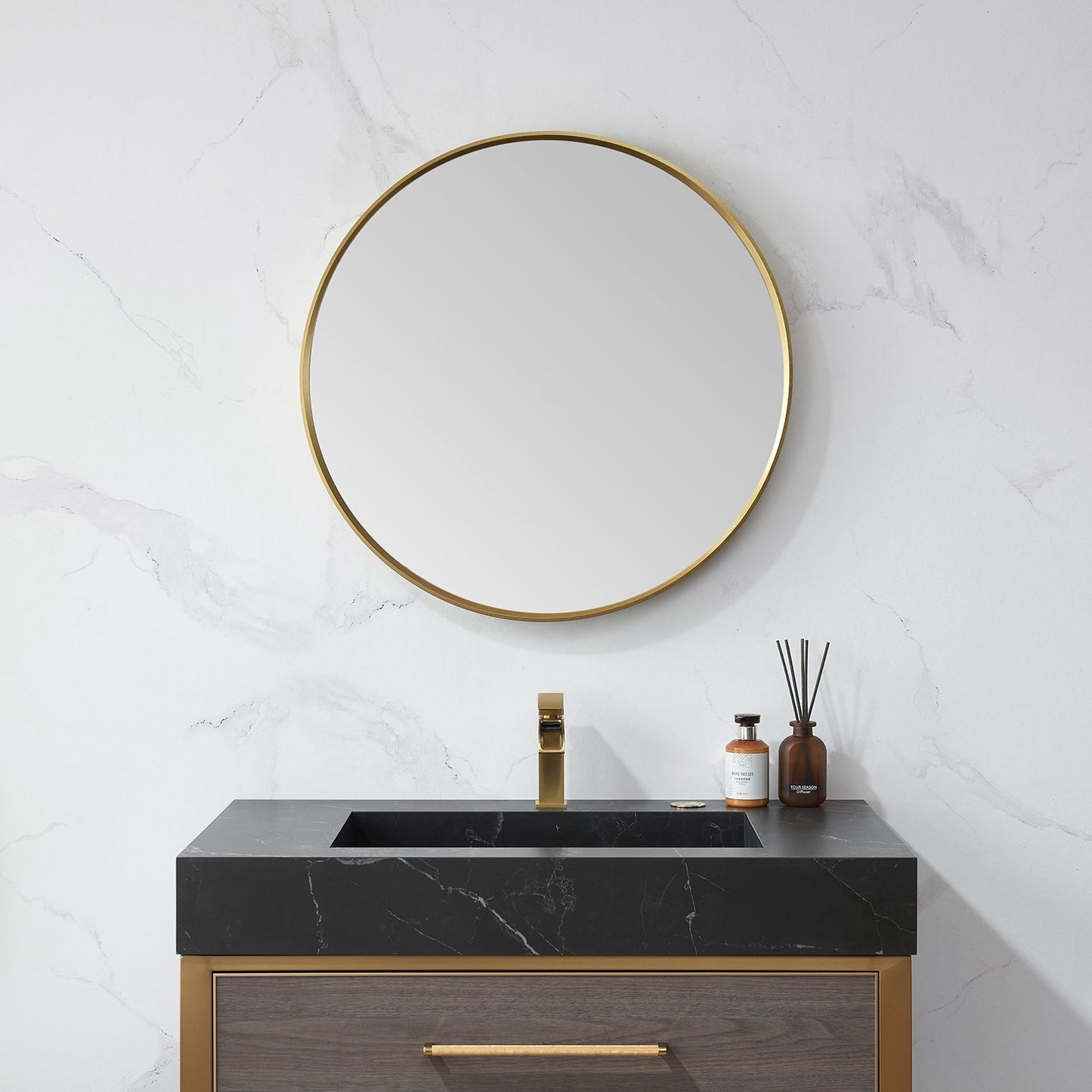 Cascante 28 in. W x 28 in. H Round Metal Wall Mirror in Brushed  Gold