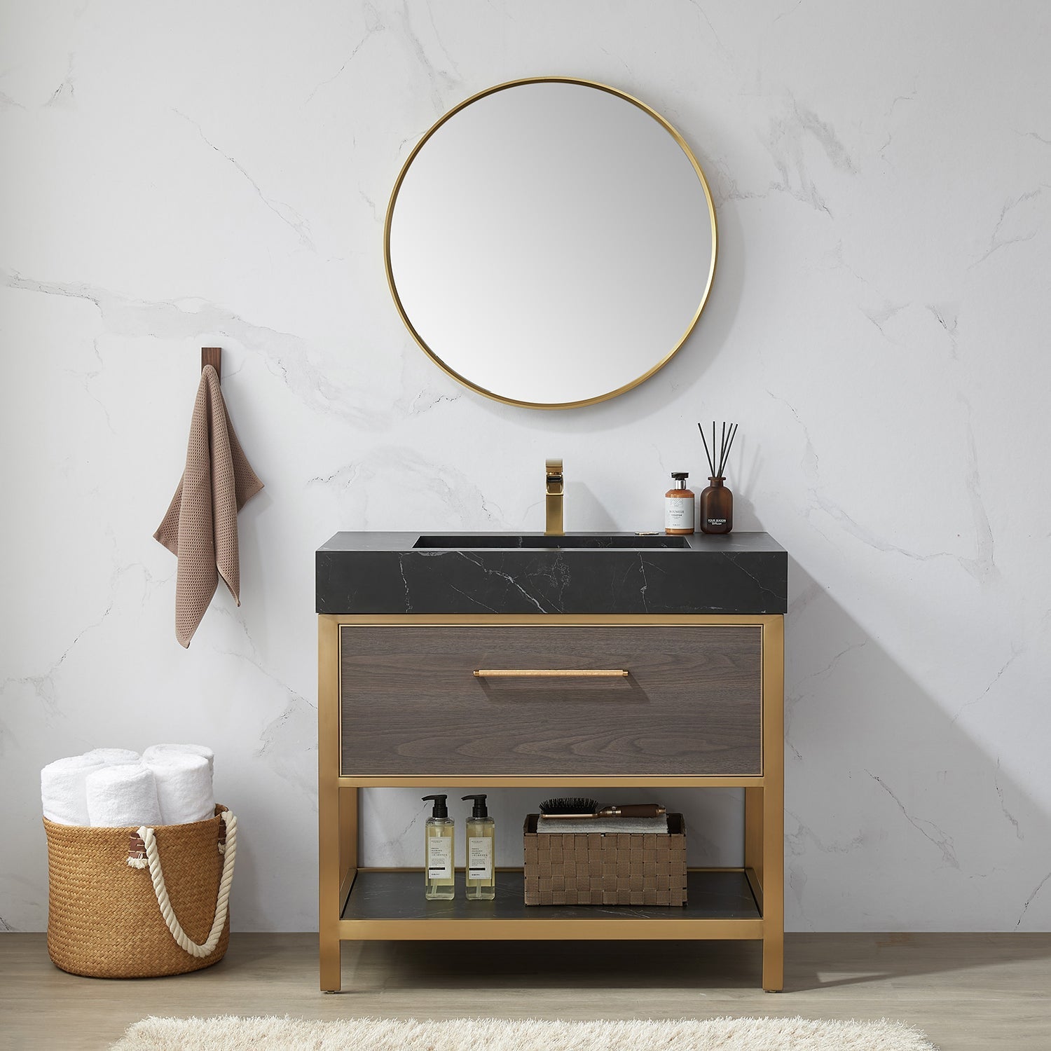 Cascante 28 in. W x 28 in. H Round Metal Wall Mirror in Brushed  Gold