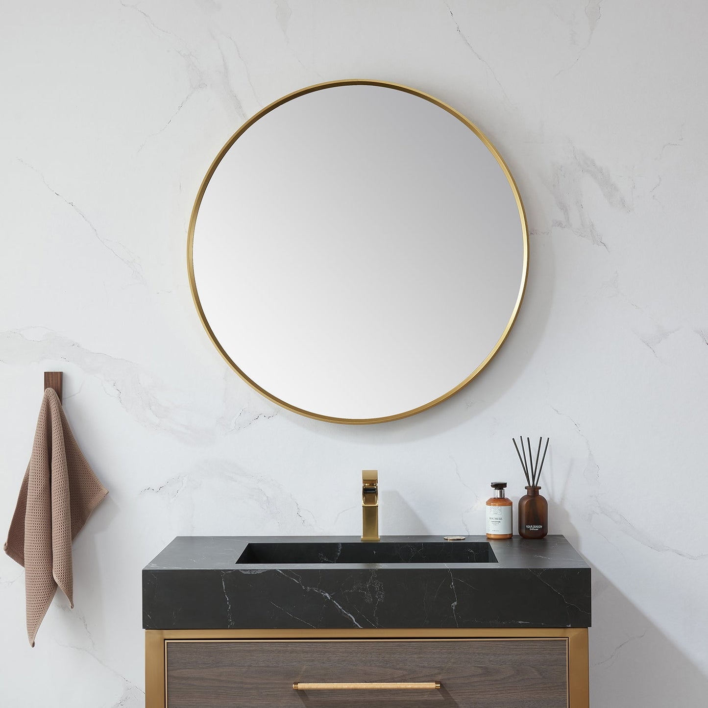 Cascante 32 in. W x 32 in. H Round Metal Wall Mirror in Brushed Gold