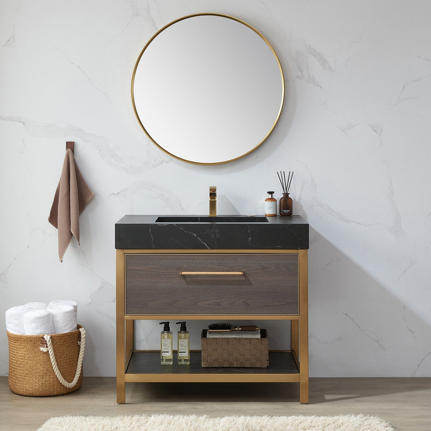Cascante 32 in. W x 32 in. H Round Metal Wall Mirror in Brushed Gold