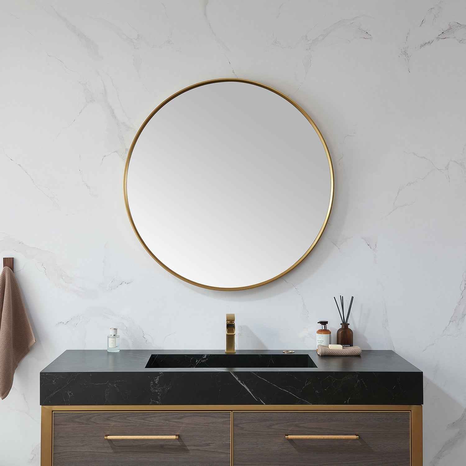 Cascante 35.4 in. W x 35.4 in. H Round Metal Wall Mirror in Brushed  Gold