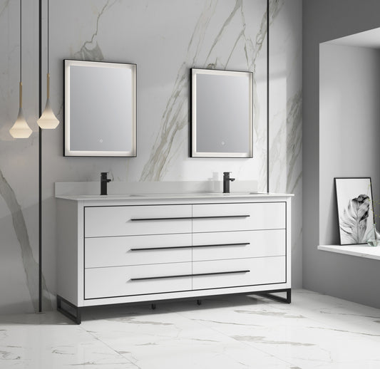 KATHYIA 72" DOUBLE SINK VANITY ,WHITE STONE TOP WITH PORCELAIN SINK ,MATT BLACK HARDWARE