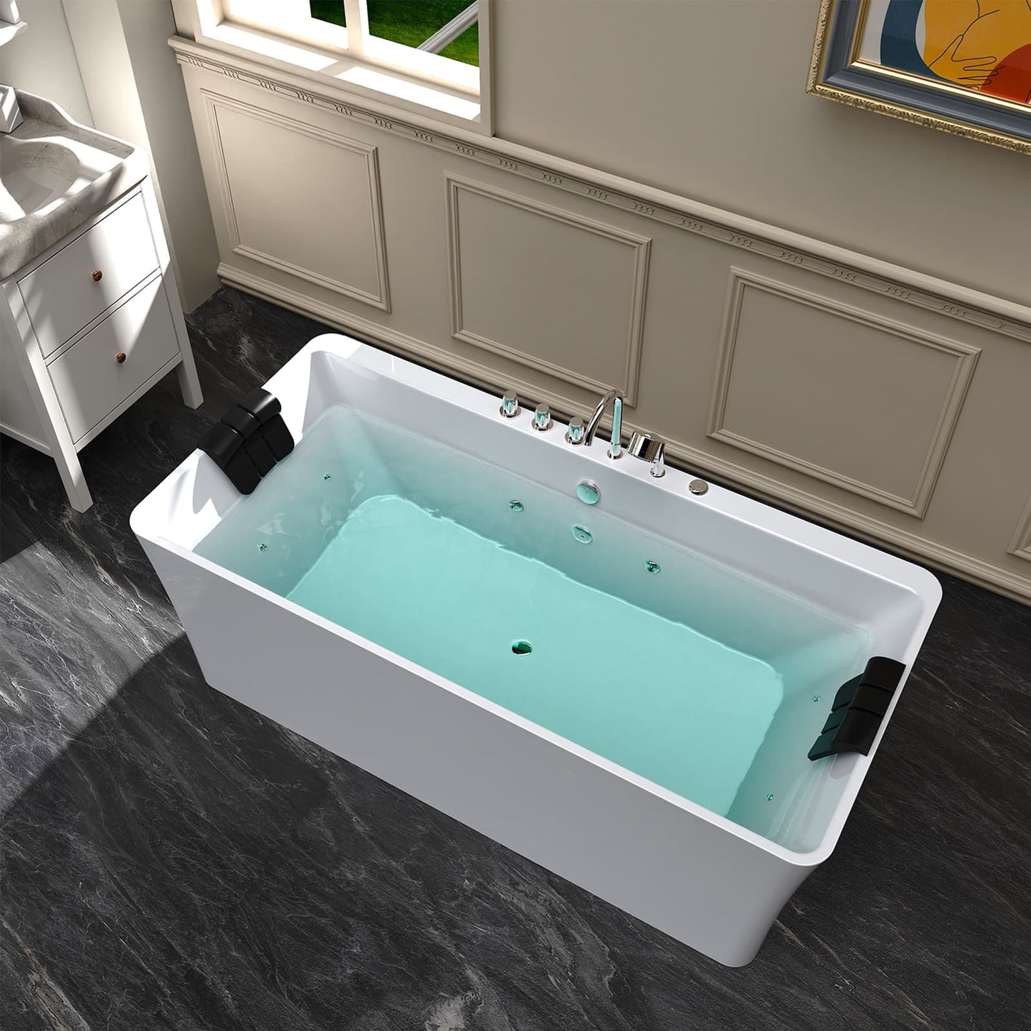 67" Freestanding Whirlpool Bathtub with Faucet and Center Drain