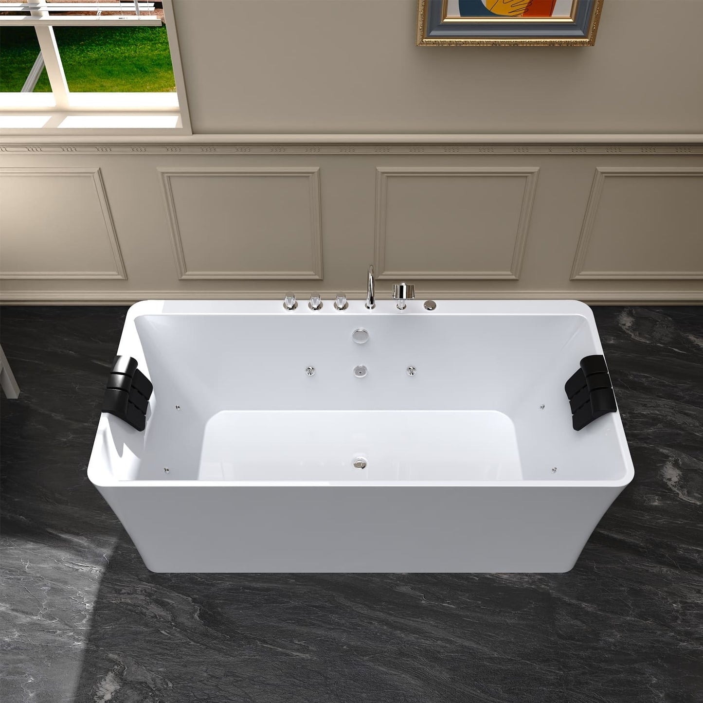 67" Freestanding Whirlpool Bathtub with Faucet and Center Drain