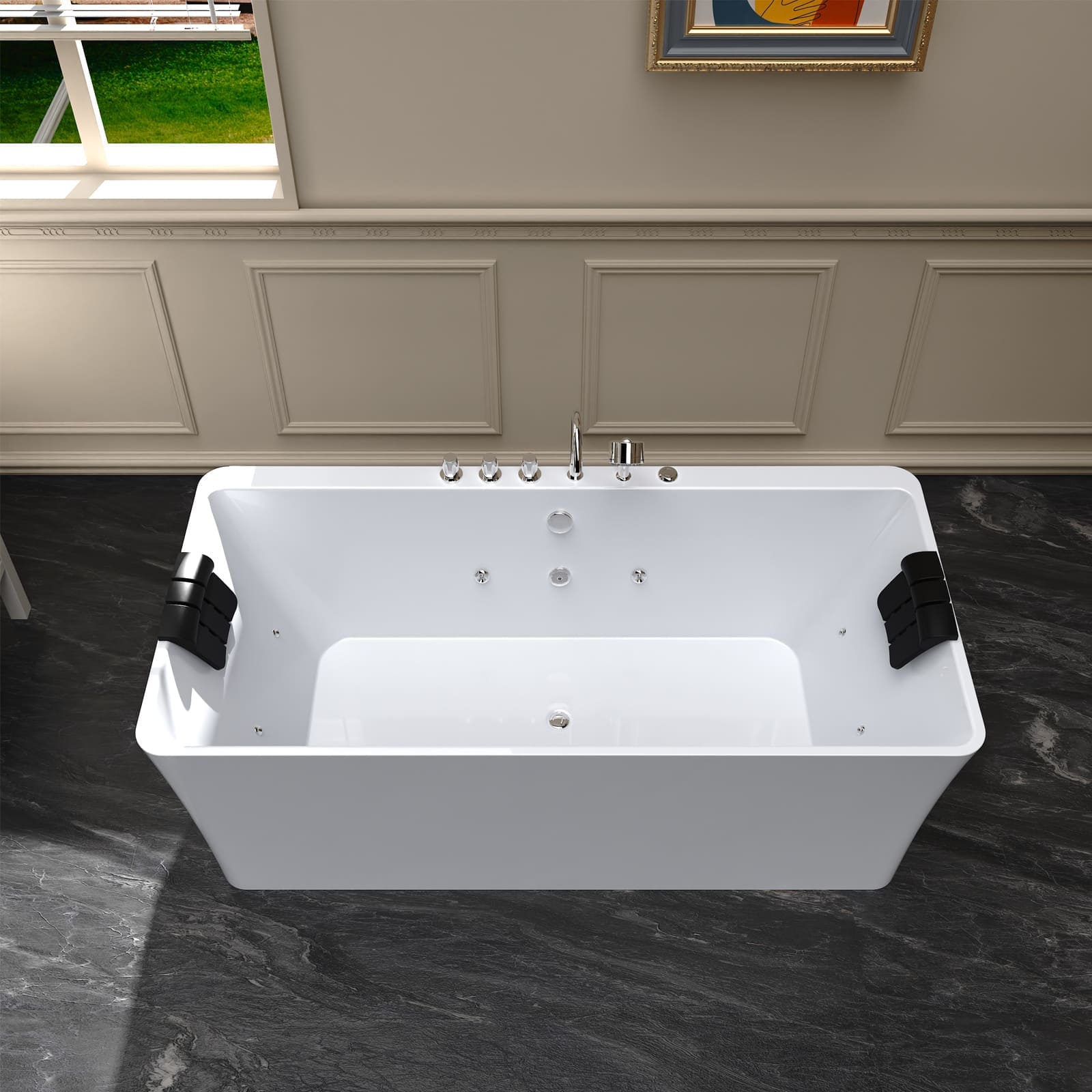 67" Freestanding Whirlpool Bathtub with Faucet and Center Drain