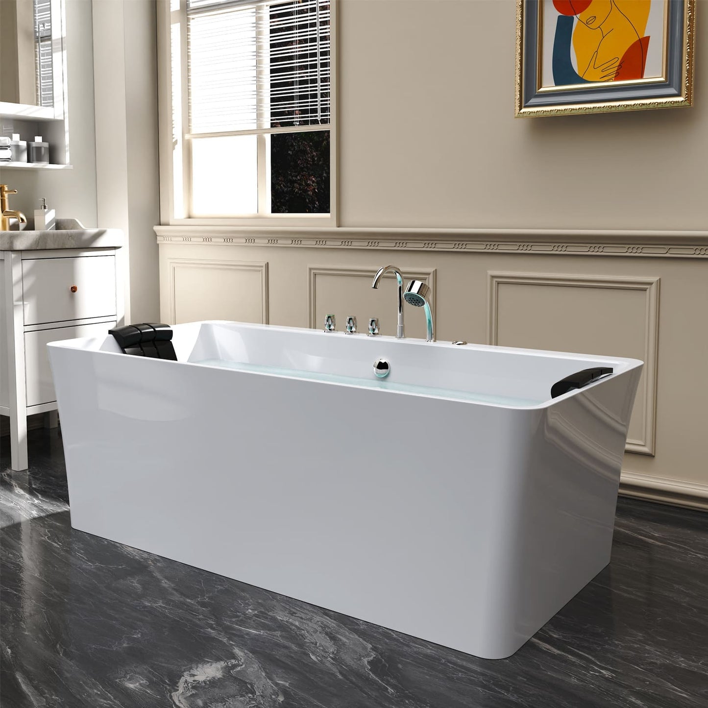67" Freestanding Whirlpool Bathtub with Faucet and Center Drain