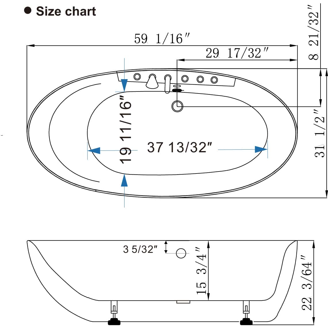59" Acrylic Freestanding Whirlpool Bathtub with Center Drain