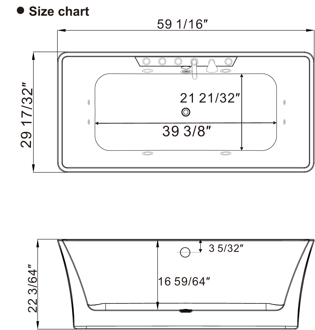 59" Freestanding Rectangle Whirlpool Bathtub with Center Drain