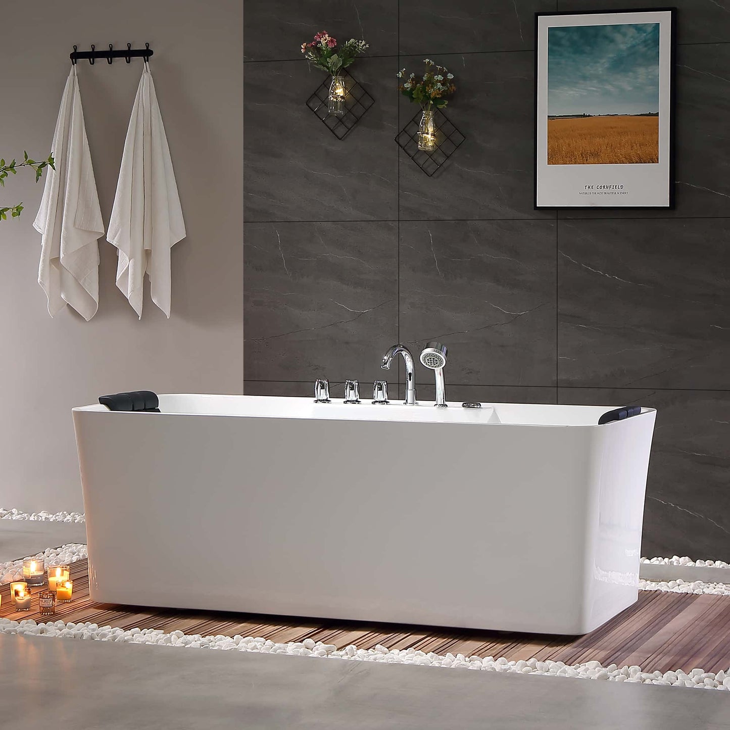 59" Freestanding Rectangle Whirlpool Bathtub with Center Drain