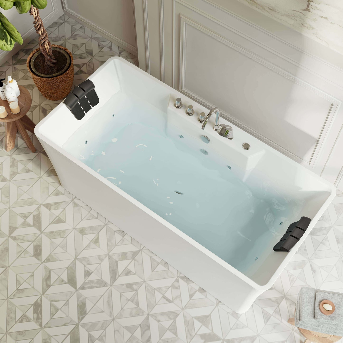 59" Freestanding Rectangle Whirlpool Bathtub with Center Drain