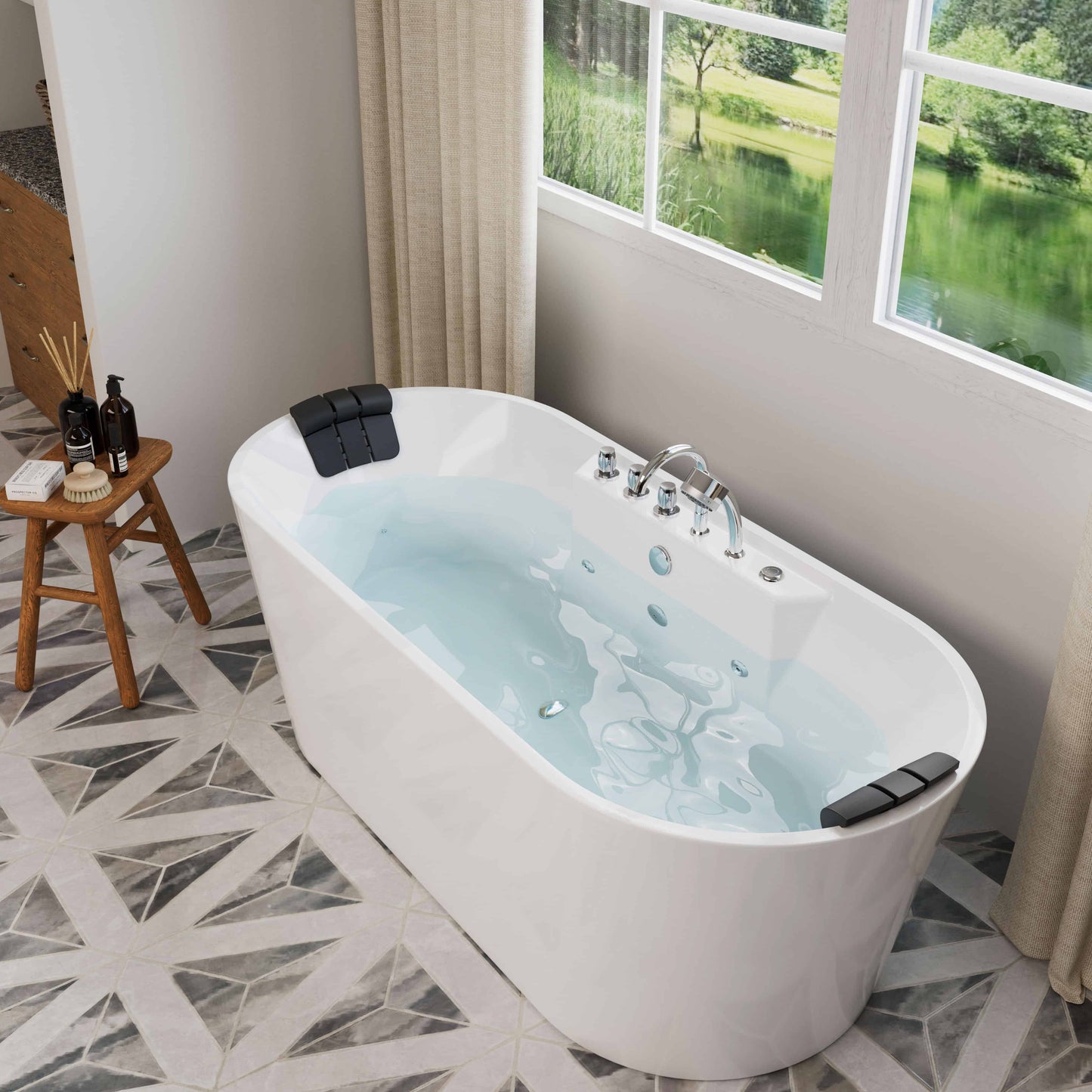 67" Freestanding Oval Whirlpool Bathtub with Center Drain