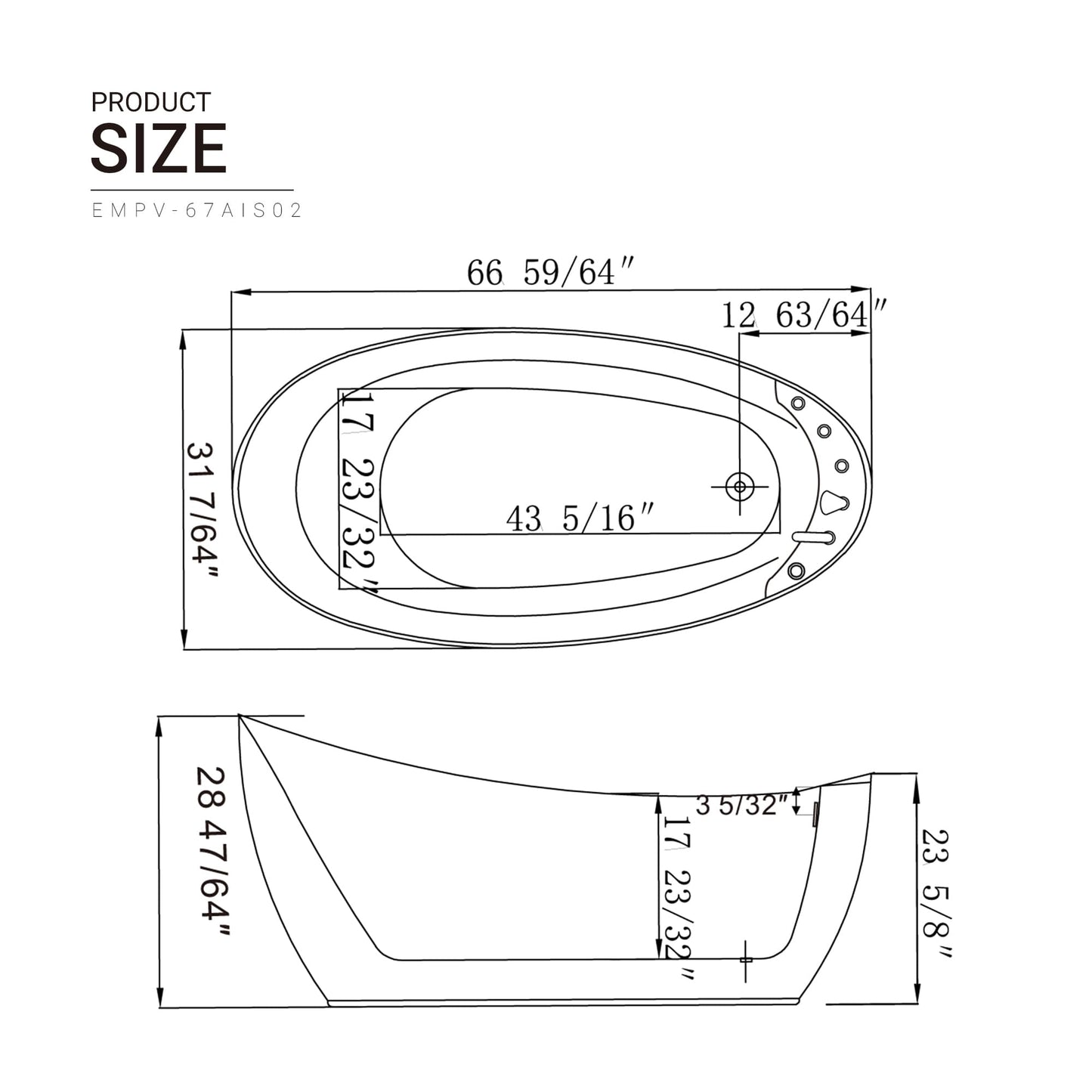 67" Freestanding Hydro Massage Whirlpool Bathtub with Reversible Drain