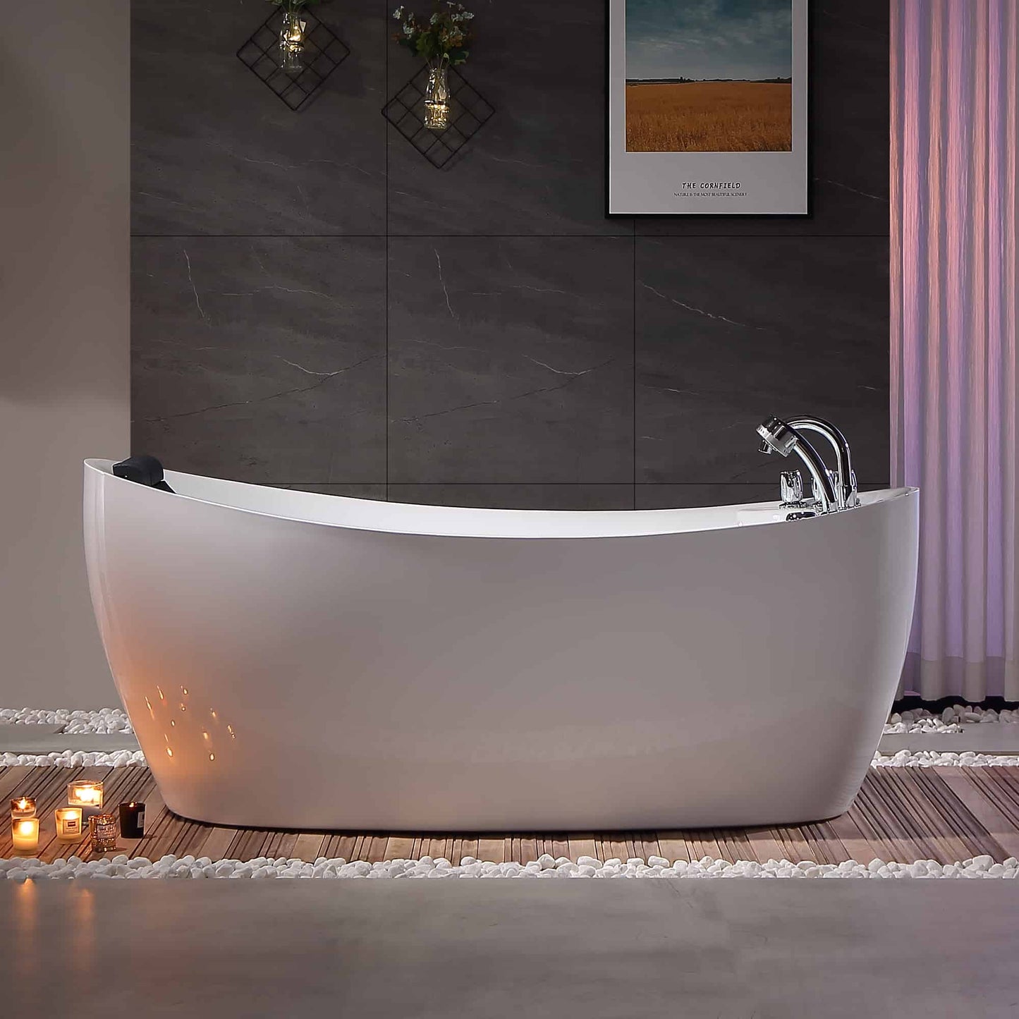 67" Freestanding Hydro Massage Whirlpool Bathtub with Reversible Drain