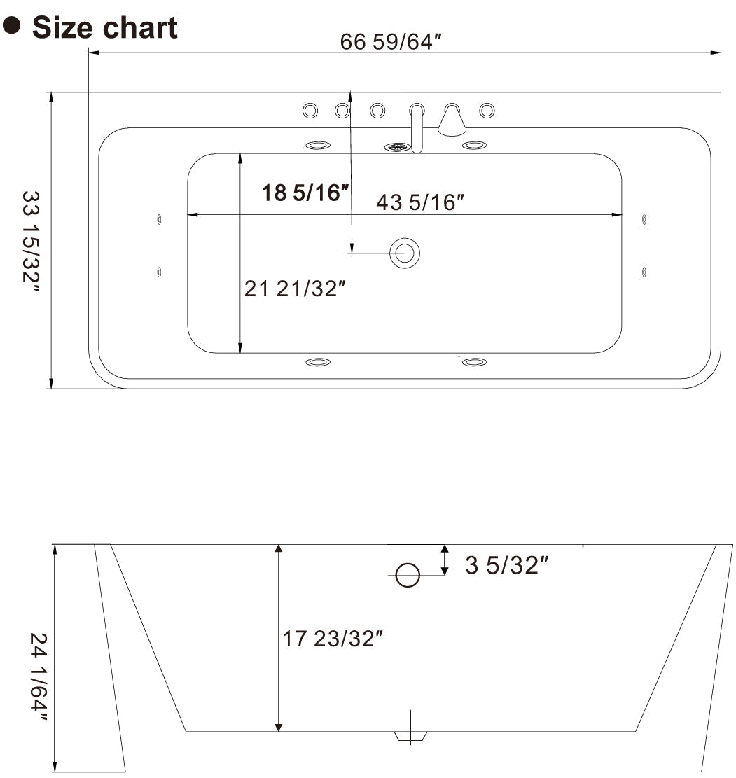 67" Freestanding Whirlpool Bathtub with Faucet and Center Drain