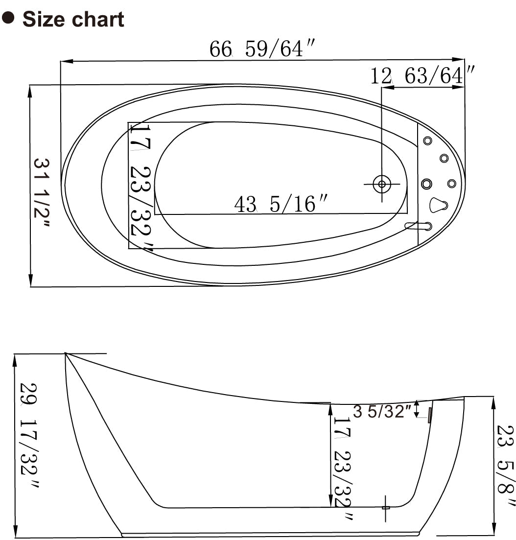 67" Acrylic Freestanding Whirlpool Tub with Reversible Drain