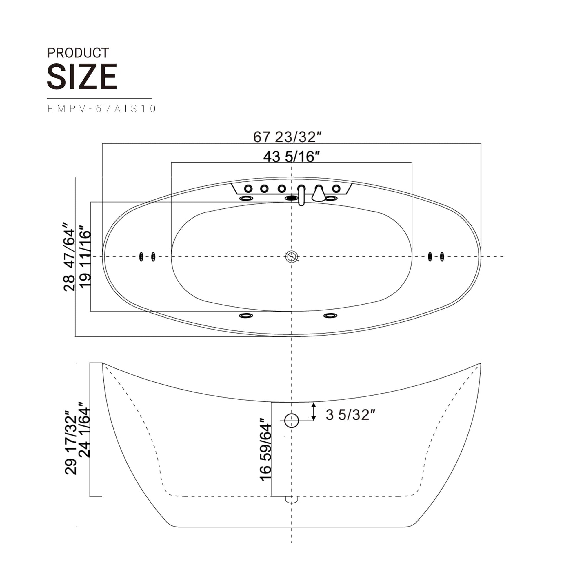 67" Freestanding Boat-shaped Whirlpool Bathtub with Center Drain