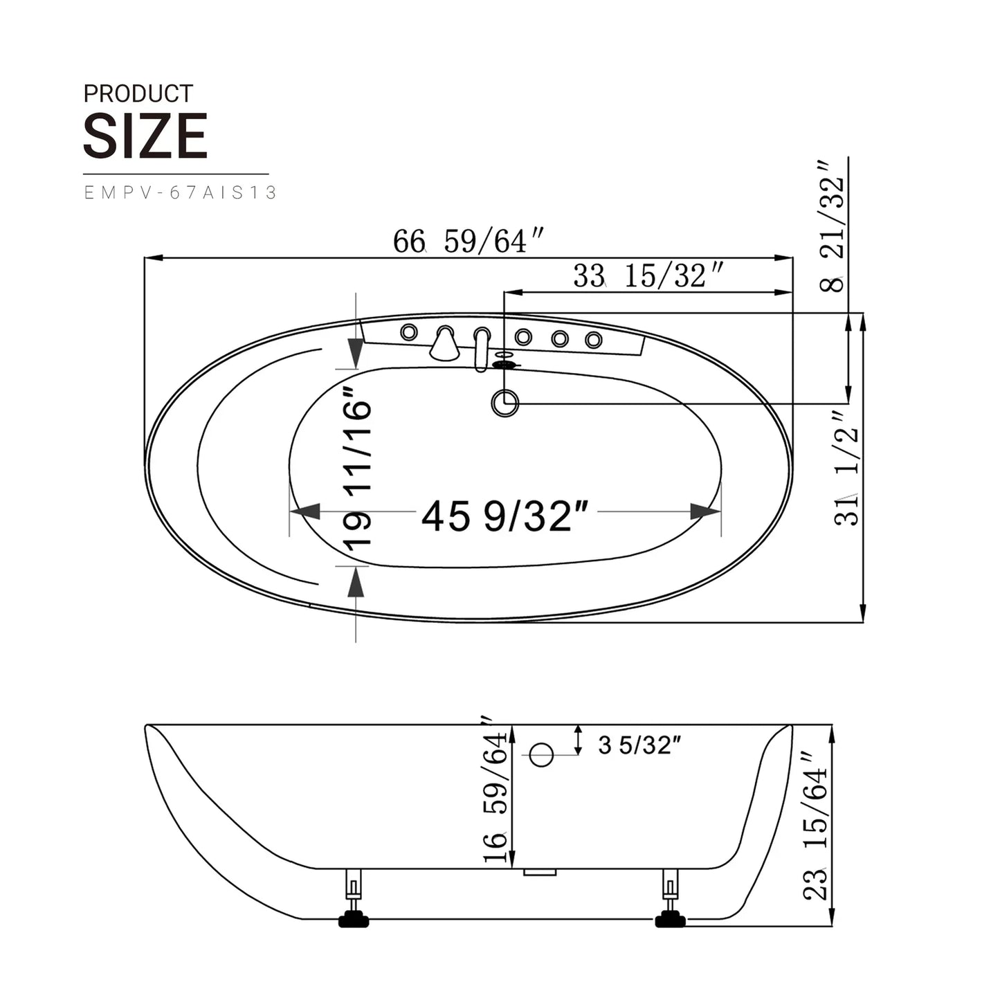 67" Acrylic Freestanding Whirlpool Bathtub with Center Drain