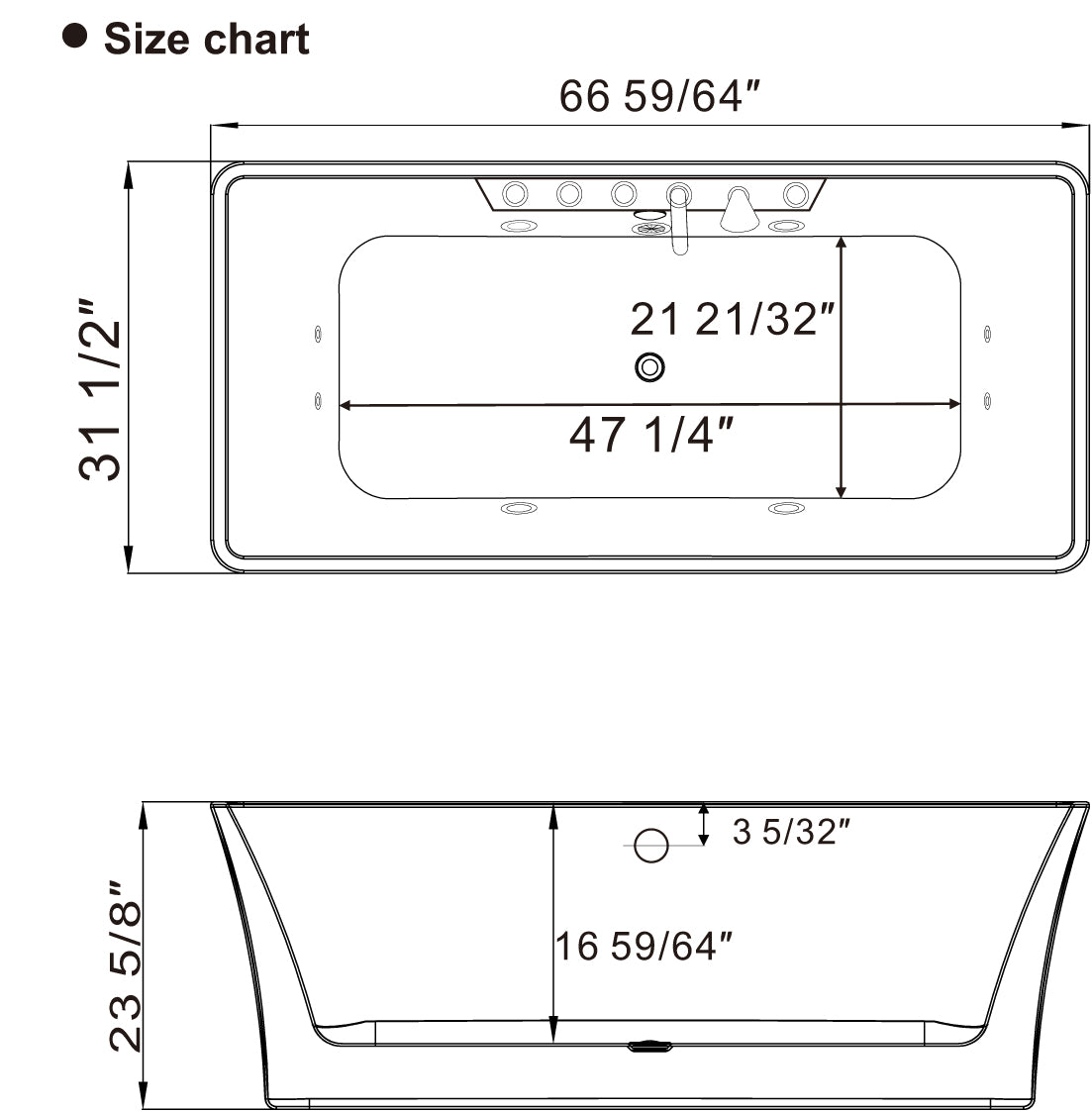 67" Freestanding Rectangle Whirlpool Bathtub with Center Drain