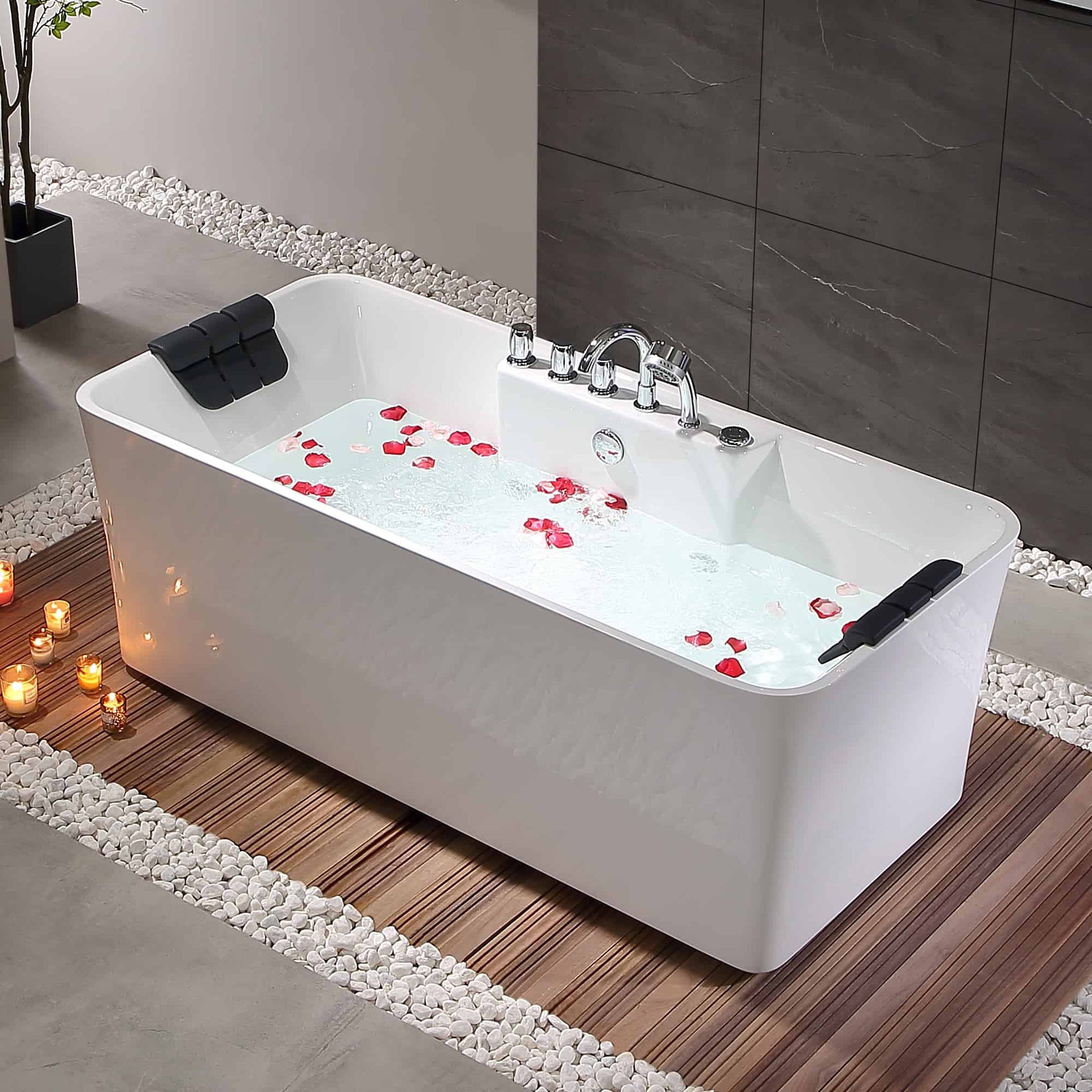67" Freestanding Rectangle Whirlpool Bathtub with Center Drain