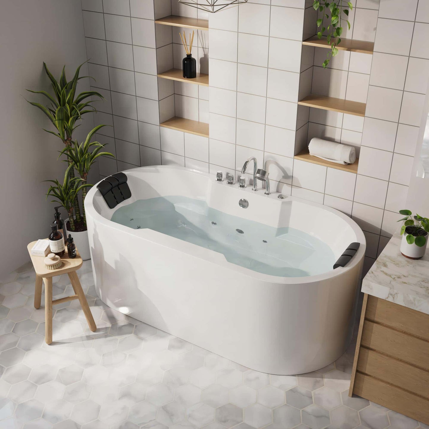 67" Oval Freestanding Whirlpool Bathtub with Center Drain