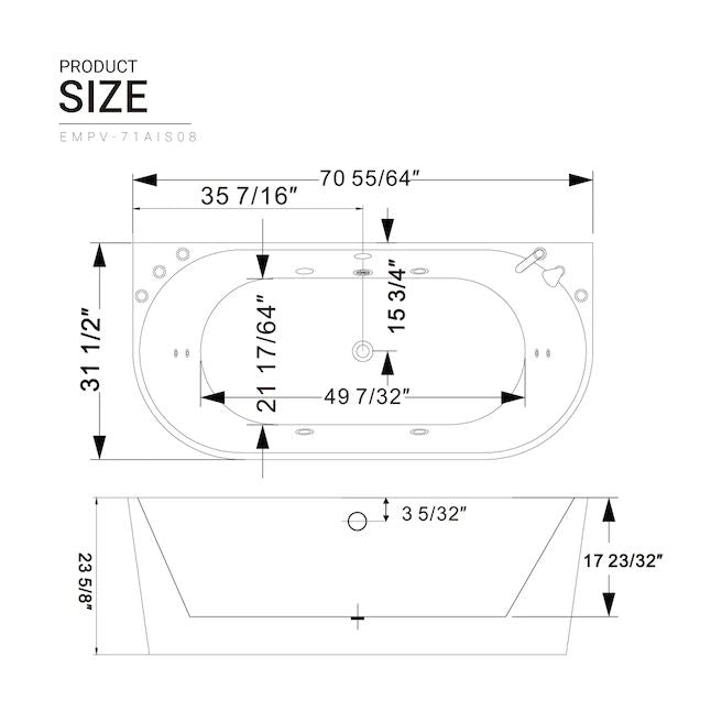 71" Freestanding Hydro Massage Whirlpool Bathtub with Center Drain
