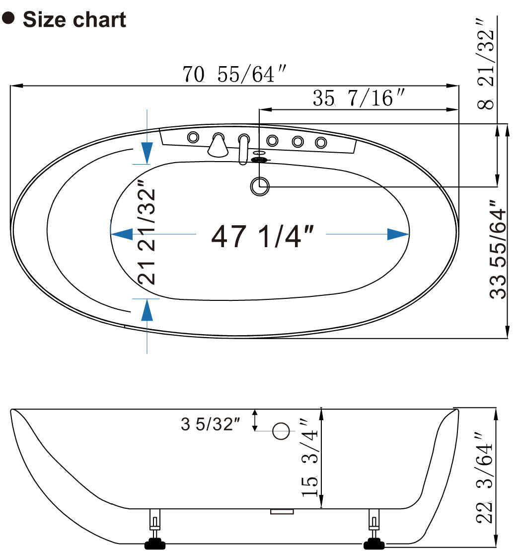 71" Acrylic Freestanding Whirlpool Bathtub with Center Drain