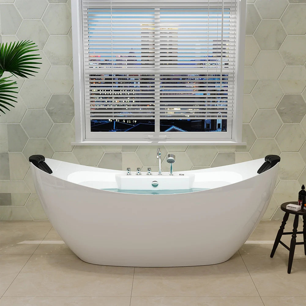 67" Freestanding Boat-shaped Whirlpool Bathtub with Center Drain