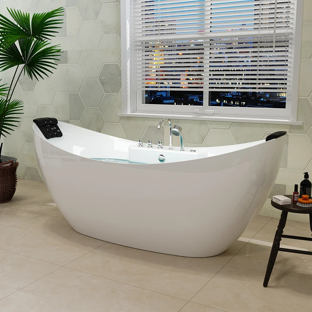 67" Freestanding Boat-shaped Whirlpool Bathtub with Center Drain