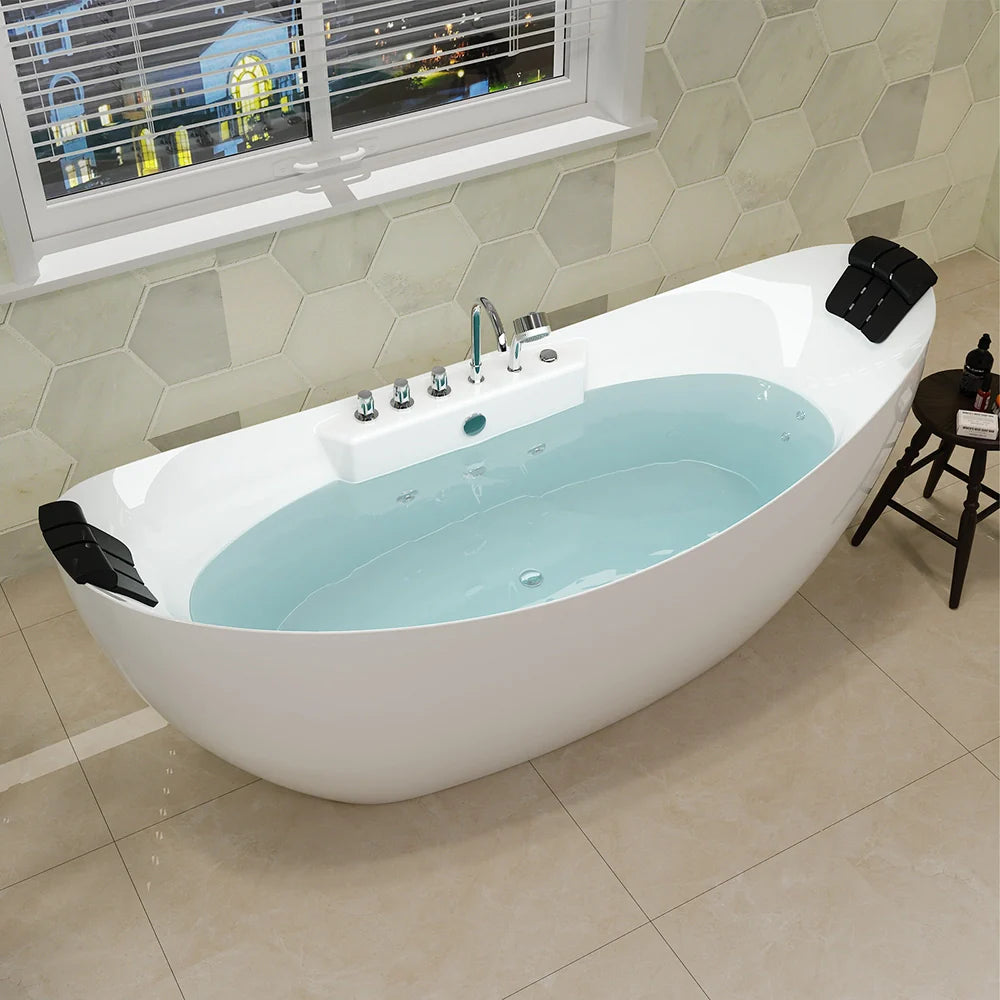 67" Freestanding Boat-shaped Whirlpool Bathtub with Center Drain